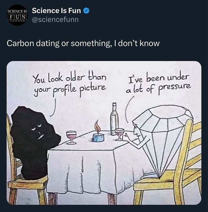 Comic of a coal and diamond at a dinner table joking about aging under pressure, science memes humor illustration.