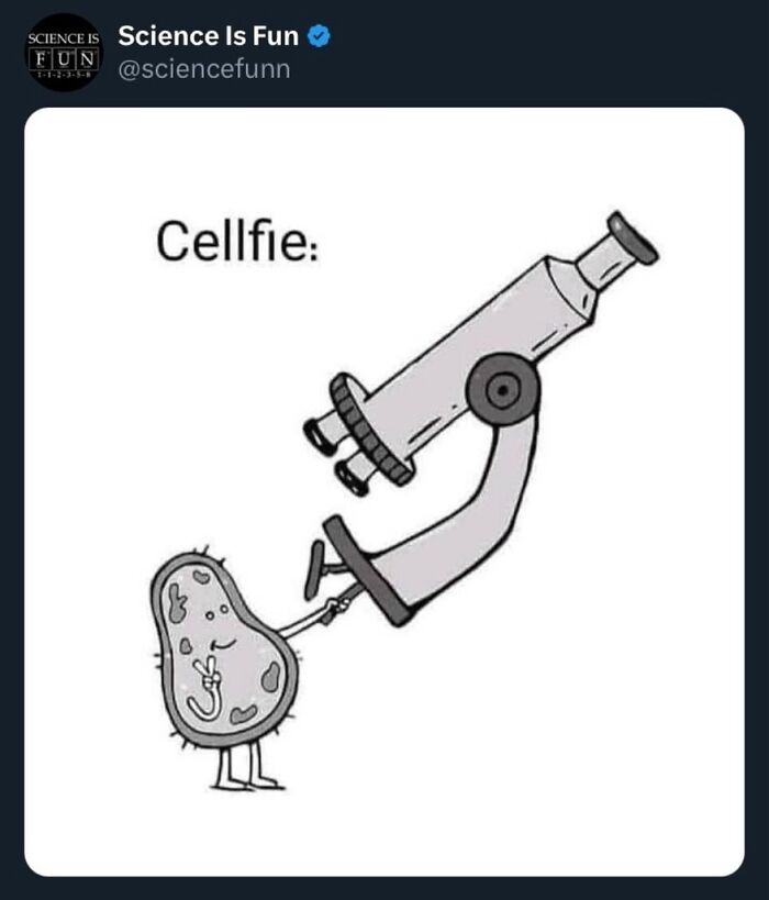 Cartoon of a microbe taking a selfie with a microscope, illustrating a funny science meme about cells and microscopy.