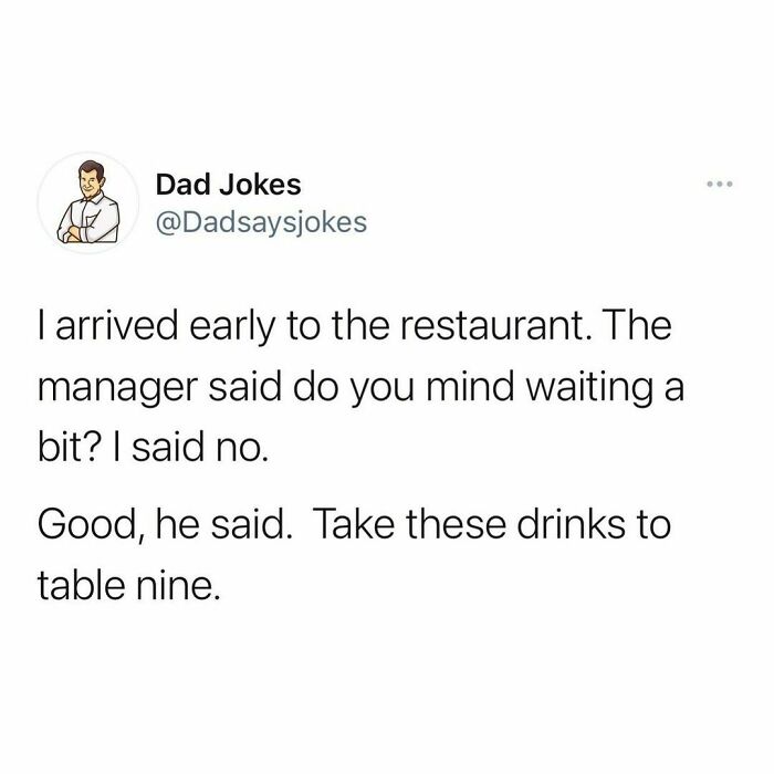 Dad joke about restaurant visit shared on IG account, featuring humor about being asked to wait as a joke setup.