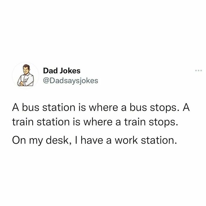 Dad joke about workstations tweets humorously on IG account 'Dad Jokes'.