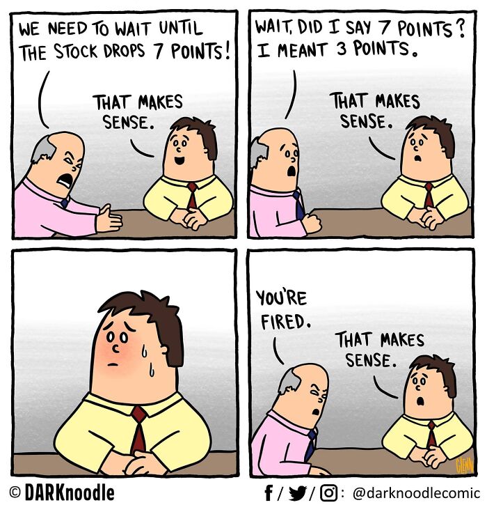 Comic by DARKnoodle shows dark humor blending with everyday absurdity in an office firing scene conversation.