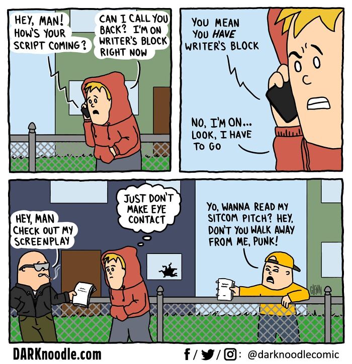 Comic panels featuring dark humor and everyday absurdity with characters discussing writer’s block and sitcom pitches outdoors.