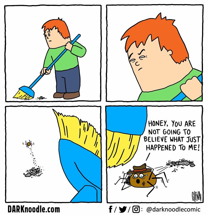 Comic by DARKnoodle showing dark humor with a spider escaping a broom in an everyday absurd situation.