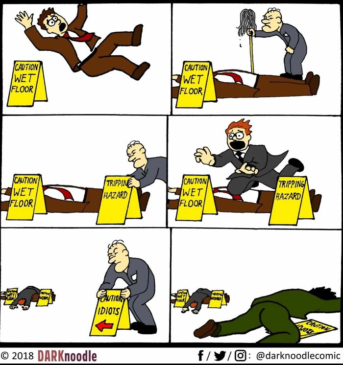 Comic strip by DARKnoodle showing dark humor with caution signs highlighting absurd hazards and mishaps in everyday life.