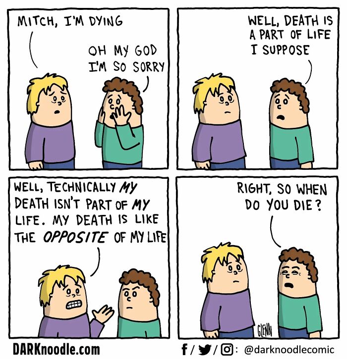 Two characters engage in a dark humor comic about life, death, and existential absurdity by DARKnoodle.