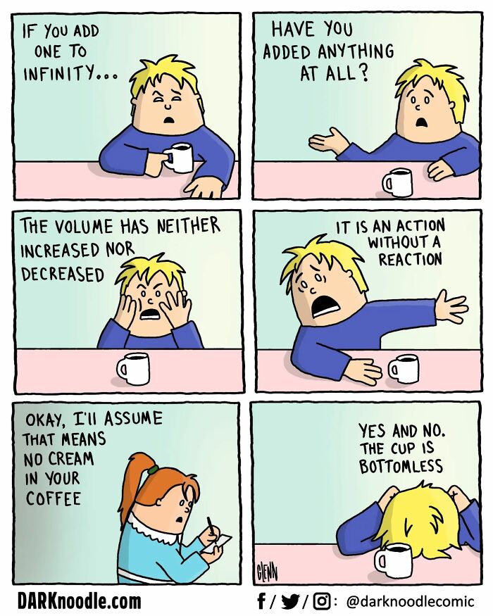 Comic by DARKnoodle blending dark humor with everyday absurdity about infinity and a bottomless coffee cup.