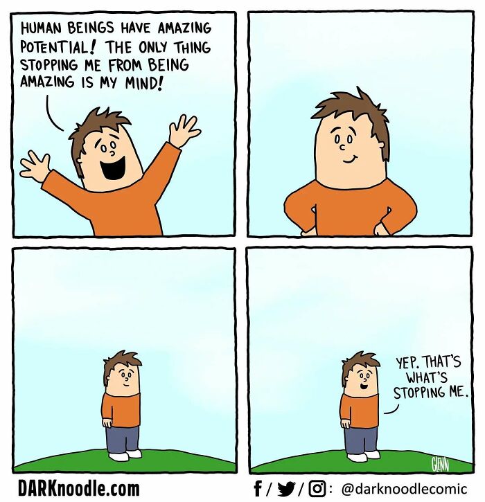 Comic strip by DARKnoodle featuring dark humor with a character reflecting on the mind blocking potential.