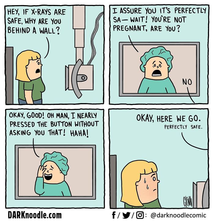 Comic strip by DARKnoodle showing dark humor with everyday absurdity about X-rays and pregnancy questions.
