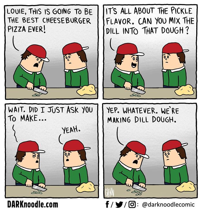 Two men in red caps discuss making a cheeseburger pizza with dill pickle flavor in a dark humor comic by DARKnoodle.