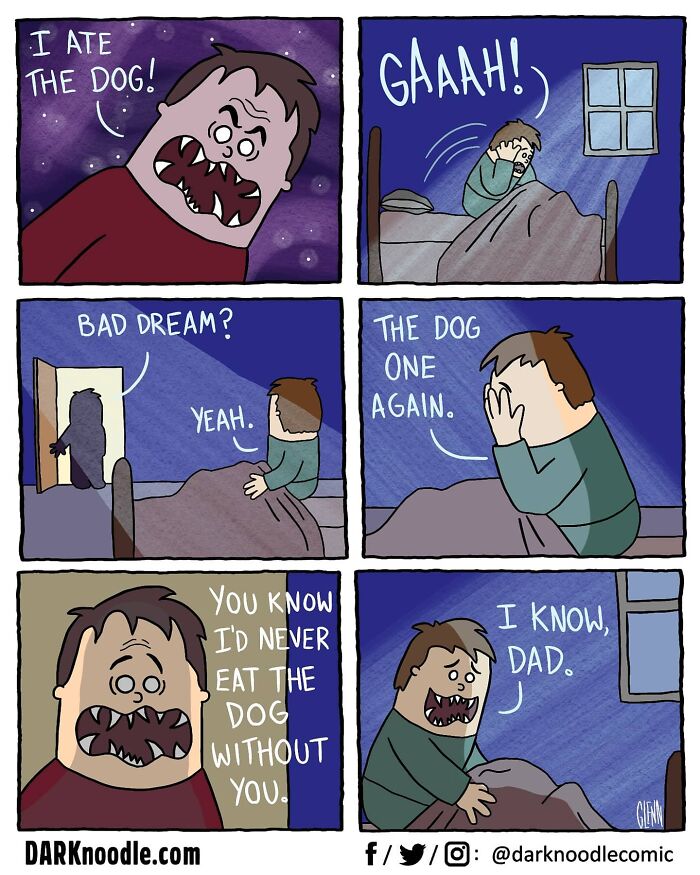 Comic panel showing dark humor with a man dreaming he ate the dog, blending dark humor and everyday absurdity.