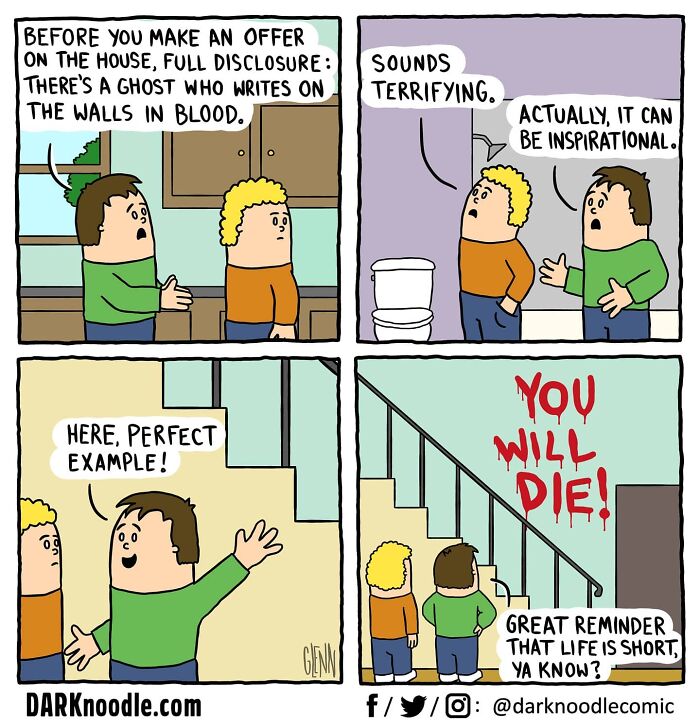 Comic strip by DARKnoodle blending dark humor with everyday absurdity showing a ghost writing a bloody message on a wall.