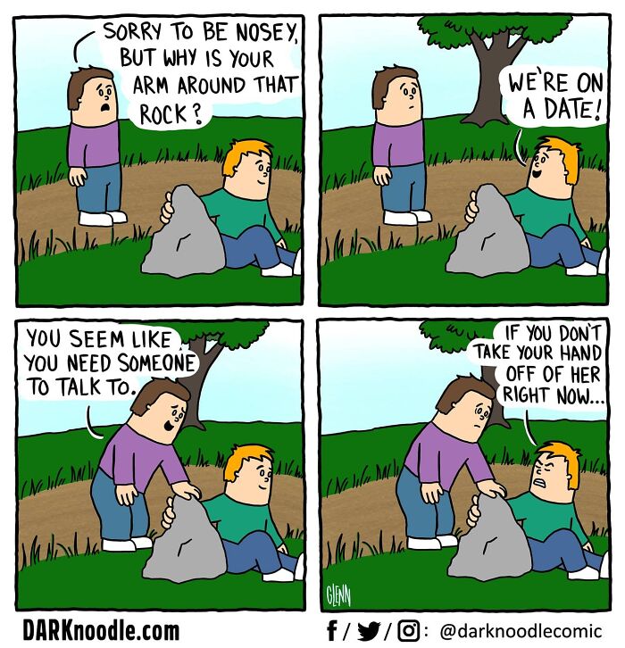 Comic strip by DARKnoodle showing dark humor with absurd everyday situations featuring a man talking to a rock.
