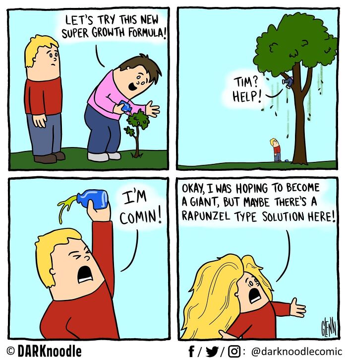 Comic strip by DARKnoodle showing characters using a growth formula blending dark humor with everyday absurdity.