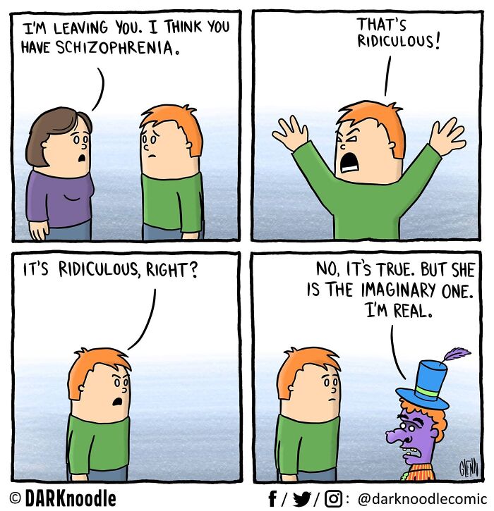Comic by DARKnoodle showing dark humor and everyday absurdity with a man, woman, and an imaginary purple character.