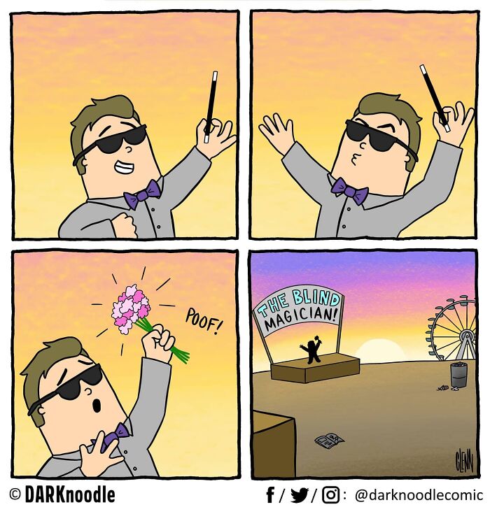 Comic strip by DARKnoodle showing a blind magician performing a flower trick with dark humor and absurdity.