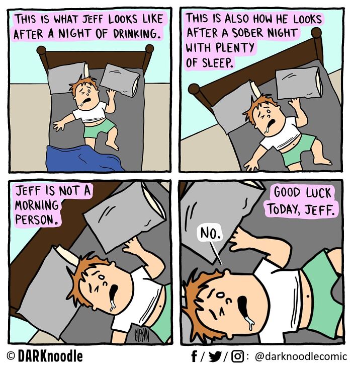 Comic strip by DARKnoodle showing a tired man in bed illustrating dark humor and everyday absurdity.