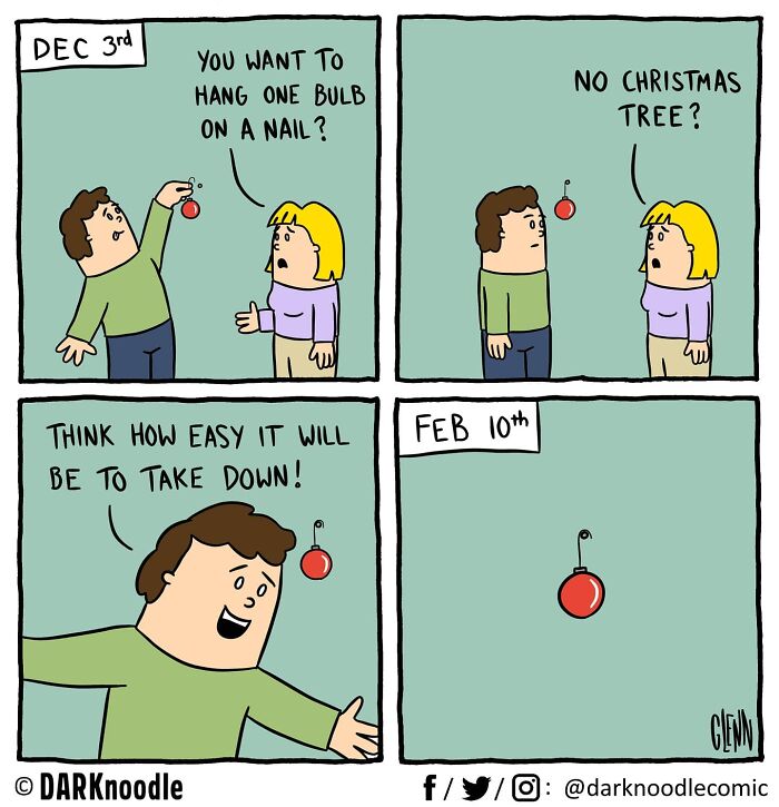 Comic by DARKnoodle showing dark humor with a man hanging a single Christmas bulb without a tree in everyday absurdity.