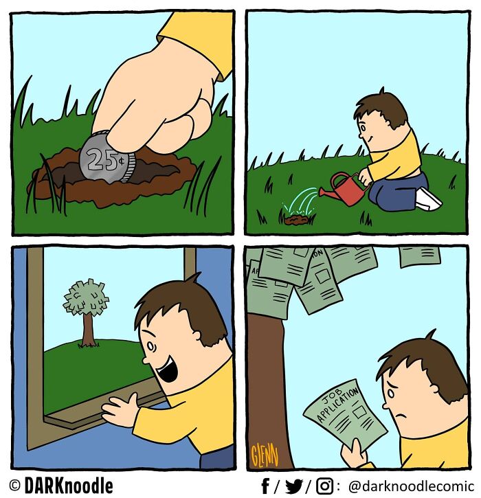 Comic strip with dark humor from DARKnoodle showing a man planting a coin that grows job application papers on a tree.