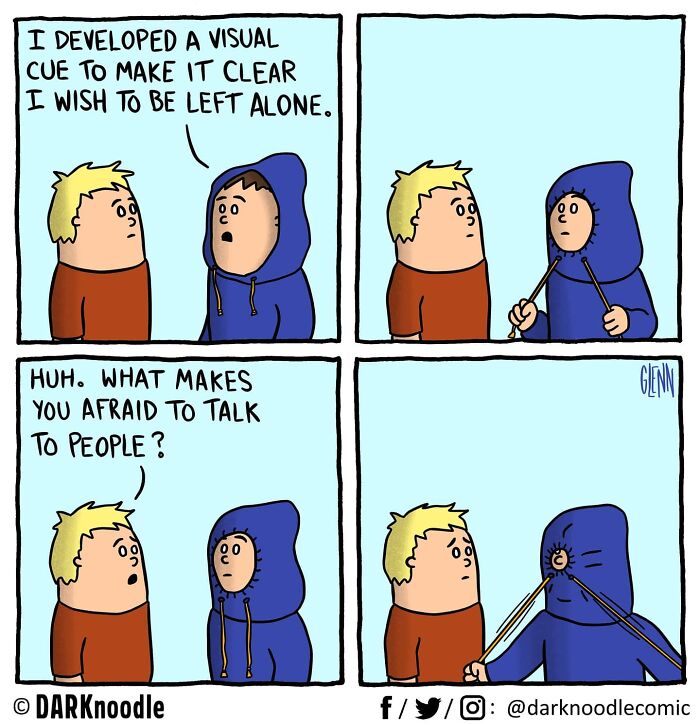 Comic strip by DARKnoodle showing dark humor with a character using drumsticks as a visual cue to avoid social interaction.