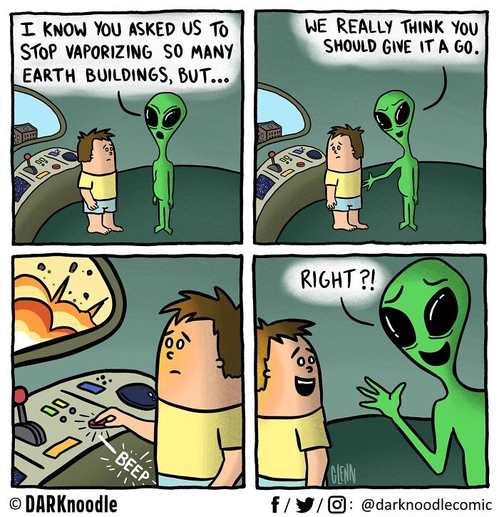 Alien urging a human to vaporize earth buildings in a dark humor comic blending everyday absurdity by DARKnoodle.