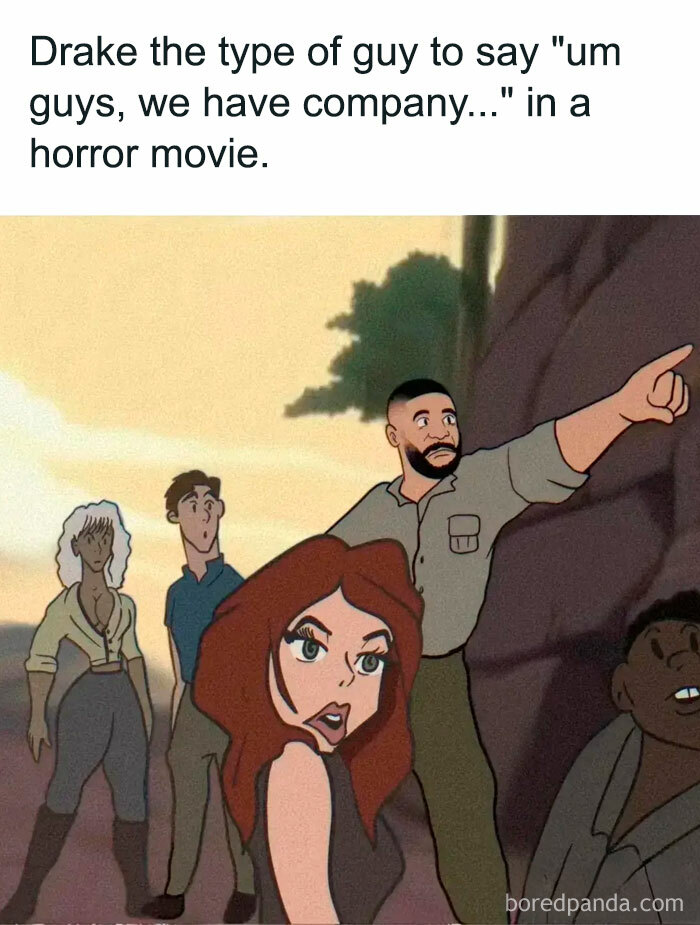Animated "Drake the type of guy" meme in a horror scene, Drake points as others look startled.