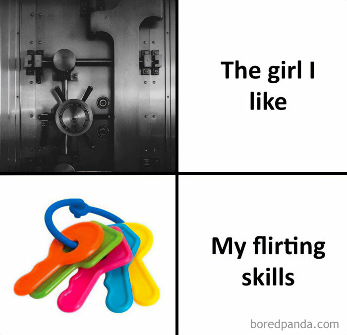 Flirty meme contrasting a secure vault labeled "The girl I like" with colorful toy keys labeled "My flirting skills."