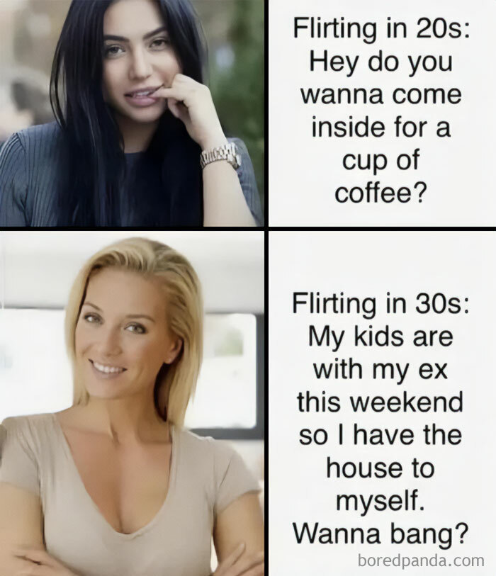 Flirty meme contrasting flirting styles in 20s vs. 30s with humorous text panels.
