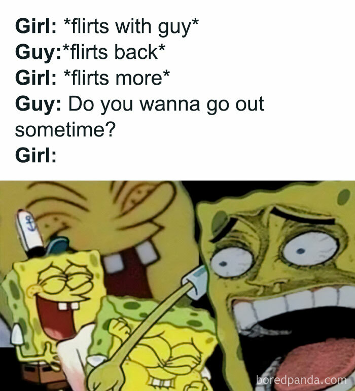 Flirty meme with SpongeBob's shocked faces humorously reacting to being asked out.