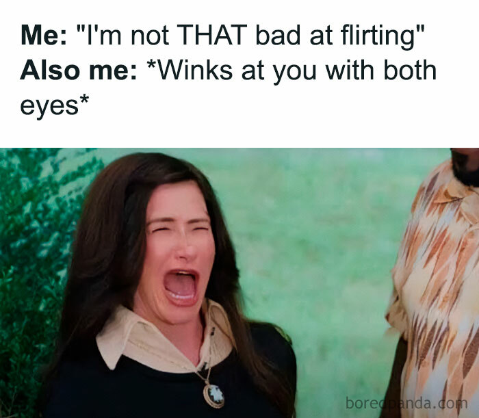Flirty meme with a woman making an awkward face, captioned "Winks at you with both eyes," humorously showing poor flirting.