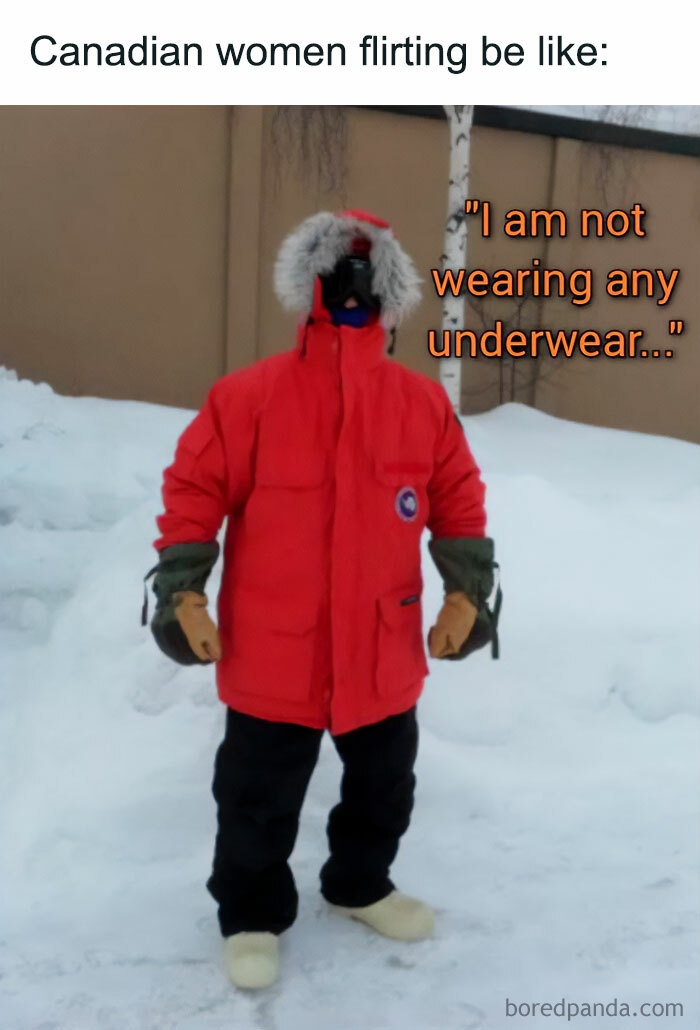 Flirty meme featuring bundled person in snow joking about underwear to humorously charm a crush.