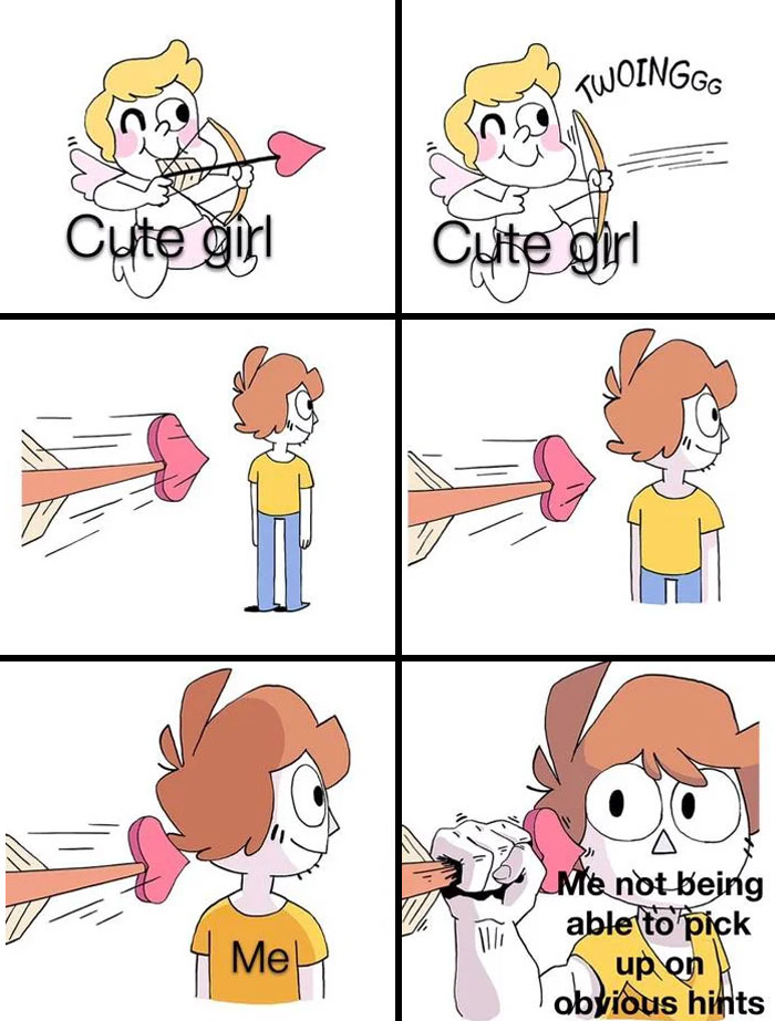 Flirty meme comic showing cupid missing boy with arrow; boy confused about flirtation hints.