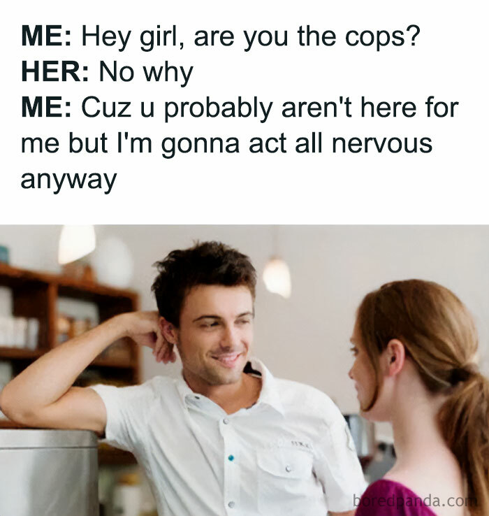 Flirty meme of a man leaning on a counter, smiling at a woman with humorous text above.