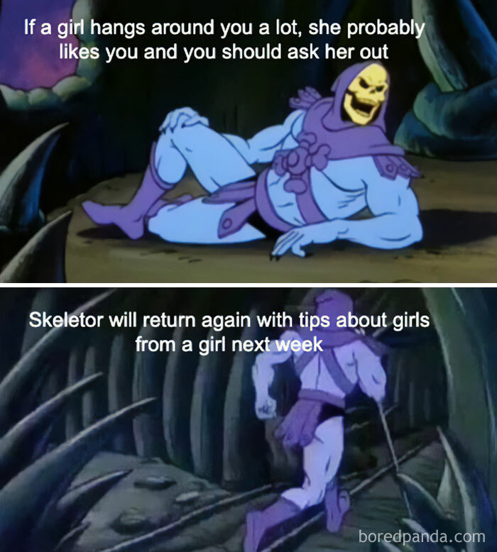 Flirty meme with Skeletor giving humorous dating advice about girls, suggesting to ask out your crush.