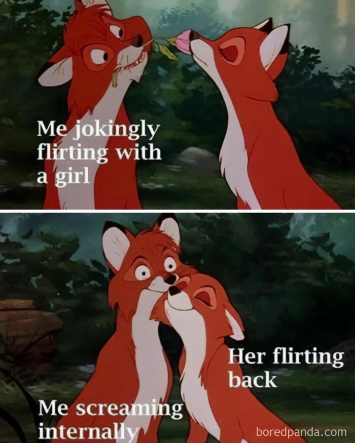 Flirty meme with two animated foxes; one jokes with a flower, the other flirts back, leading to a surprised reaction.