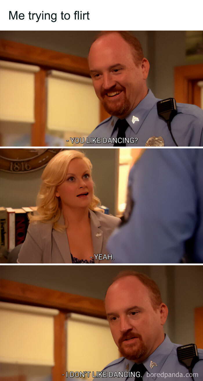 Flirty meme with a man failing at flirting by admitting he doesn't like dancing after asking if a woman does.