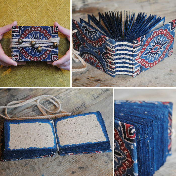 Coptic Bound Book With Tea Paper, Indigo-Dyed Indian Blockprint Cotton, Wool Thread, And Tiny Bells