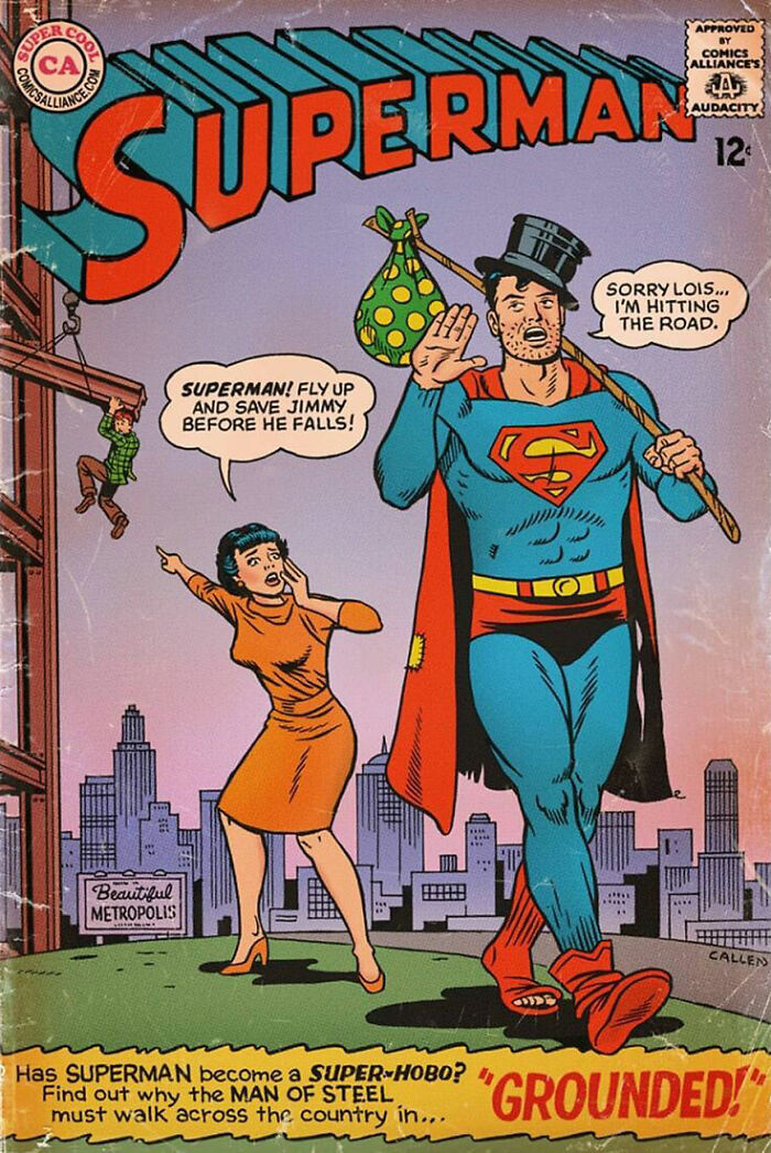 Vintage Superman comic cover parody showing a humorous makeover in DC and Marvel comic book covers style.