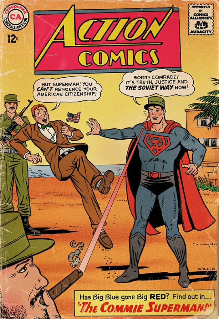 Vintage comic book cover parody featuring a Soviet Superman in a humorous DC and Marvel comic makeover.