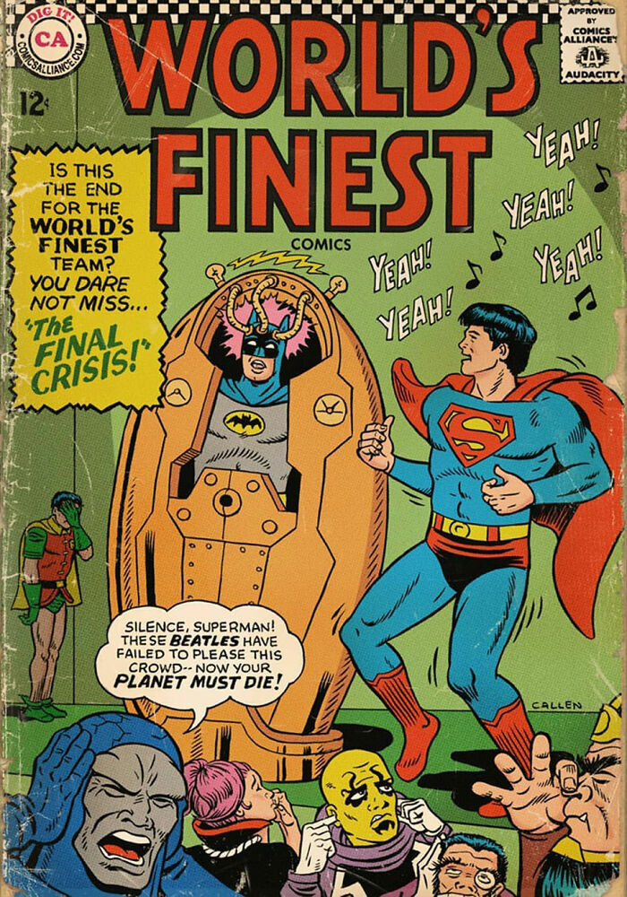 Vintage DC and Marvel comic book cover parody featuring Batman, Superman, and humorous character makeovers.