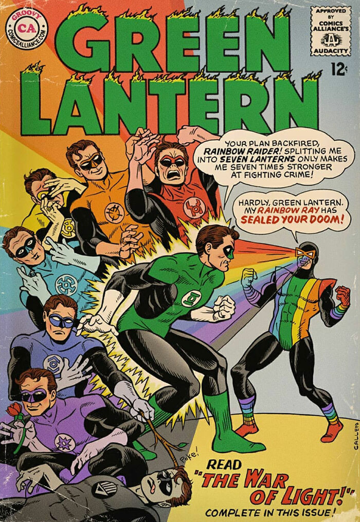 Vintage Green Lantern comic cover featuring a humorous makeover with rainbow-themed characters and a battle scene.
