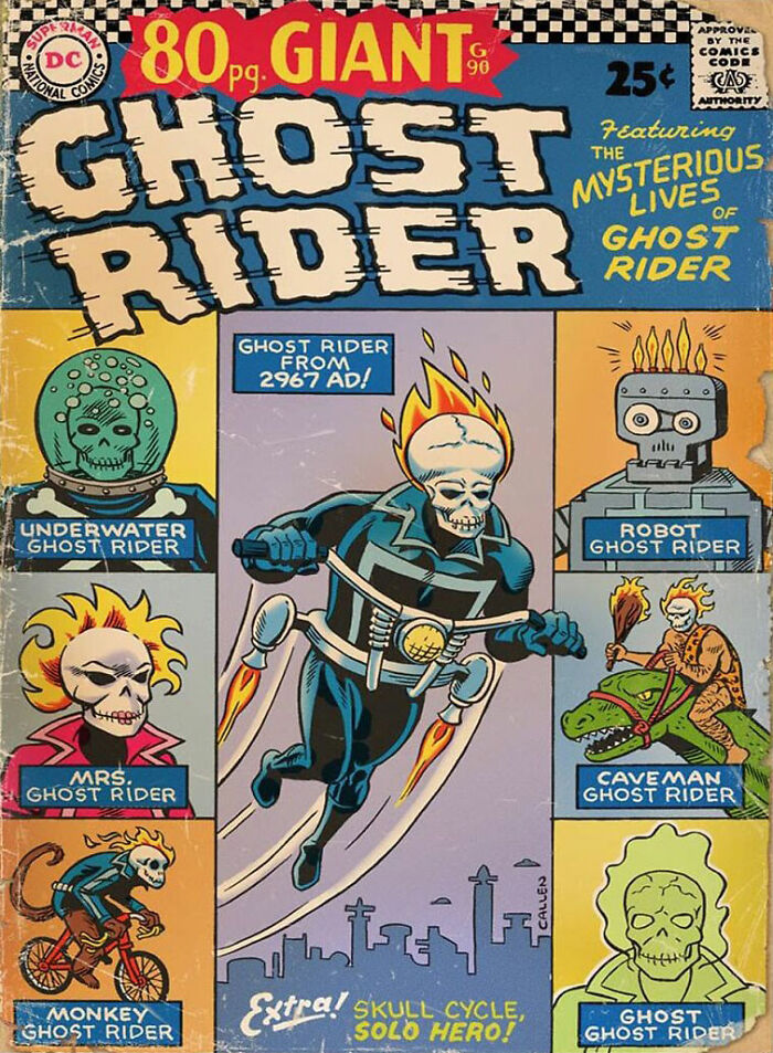 Vintage comic book cover of Ghost Rider featuring various hilarious comic book makeovers by DC and Marvel artists.