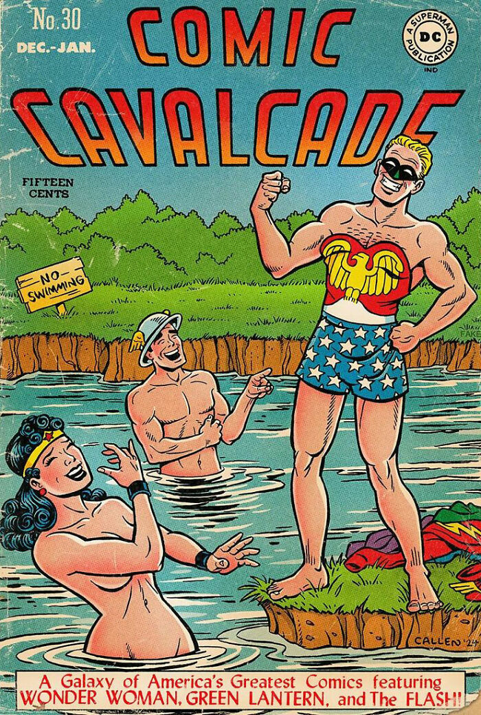 Vintage comic book cover featuring superheroes in humorous swimwear, showcasing DC and Marvel comic book covers makeovers.