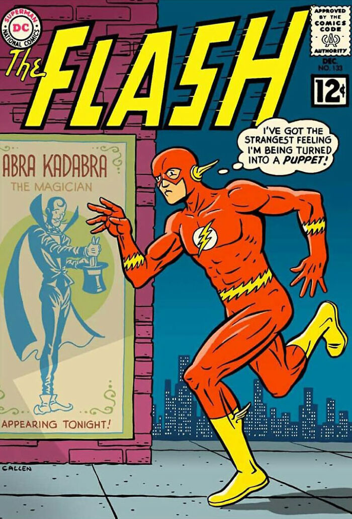 Vintage Flash comic cover makeover showing superhero in red suit feeling like a puppet in a humorous comic book style.