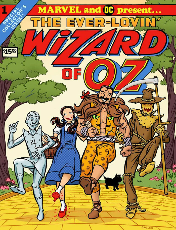 Vintage Marvel and DC comic book cover makeover featuring a humorous Wizard of Oz themed illustration.