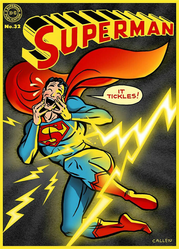 Vintage DC comic book cover makeover featuring a humorous Superman struck by yellow lightning bolts saying it tickles.