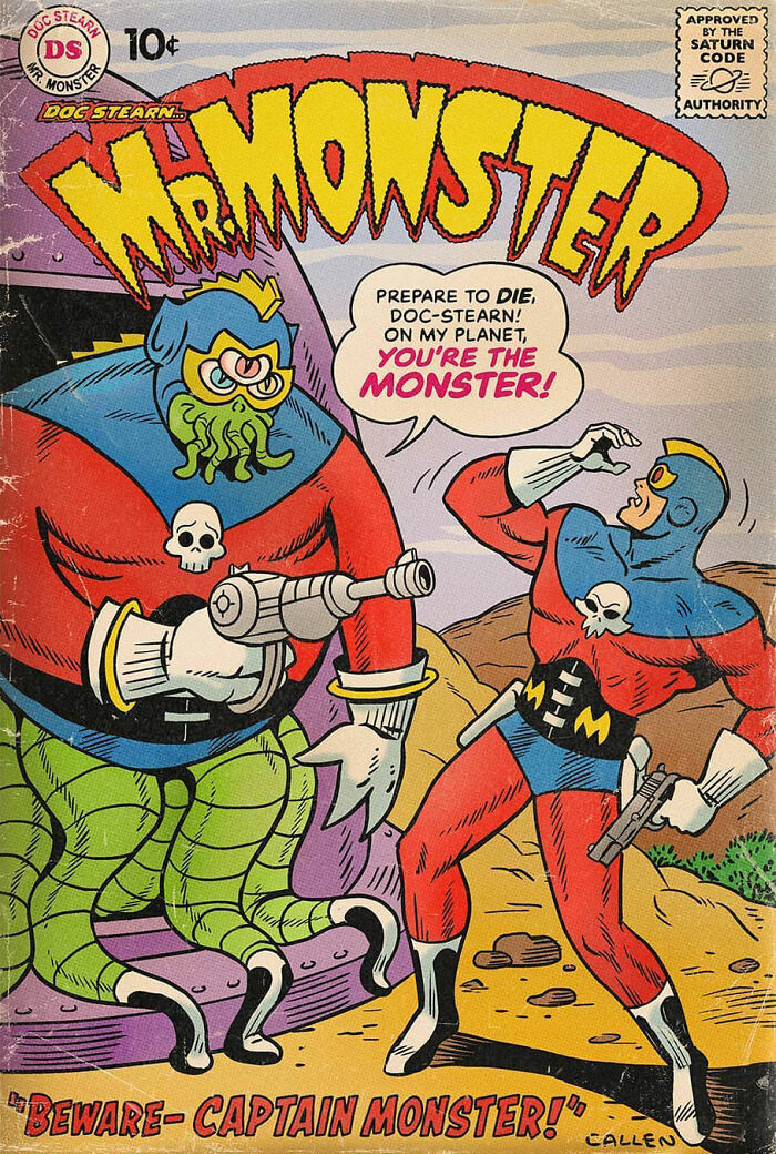 Vintage comic book cover featuring a humorous showdown between two retro superheroes in a colorful Marvel and DC makeover.