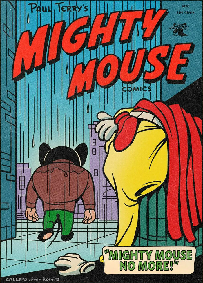 Vintage comic book cover featuring Mighty Mouse in a dramatic scene, part of hilarious vintage makeovers of DC and Marvel covers.