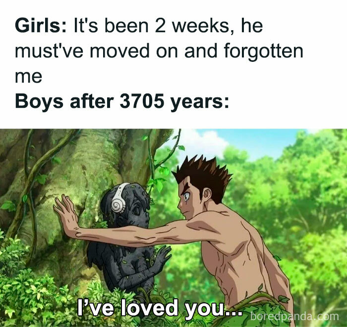A love meme featuring an image from an anime scene. The text above the image reads, "Girls: It's been 2 weeks, he must've moved on and forgotten me. Boys after 3705 years:" Below, an anime boy is reaching out to touch a girl who has been turned into stone, saying, "I've loved you..." The background shows a lush forest.