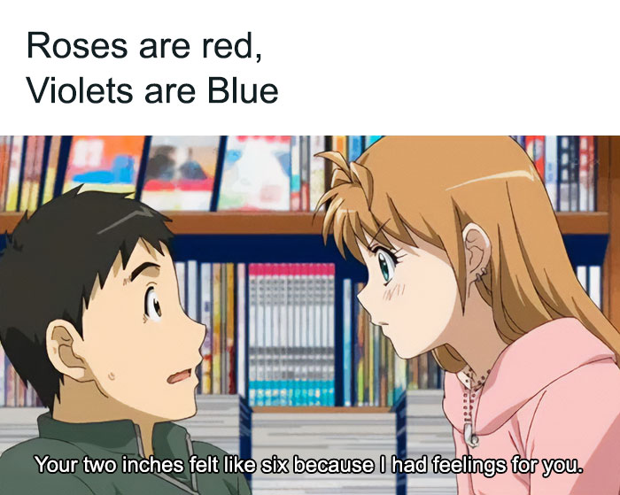 A love meme featuring an anime scene with a surprised boy and a girl facing each other in a library. The text above the image reads, "Roses are red, Violets are Blue." The text below the image reads, "Your two inches felt like six because I had feelings for you." The background shows shelves filled with books.