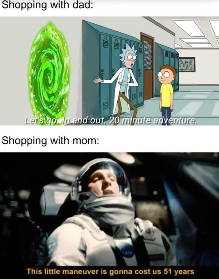 Funny mom meme comparing quick dad shopping to lengthy mom shopping with humorous dialogue.